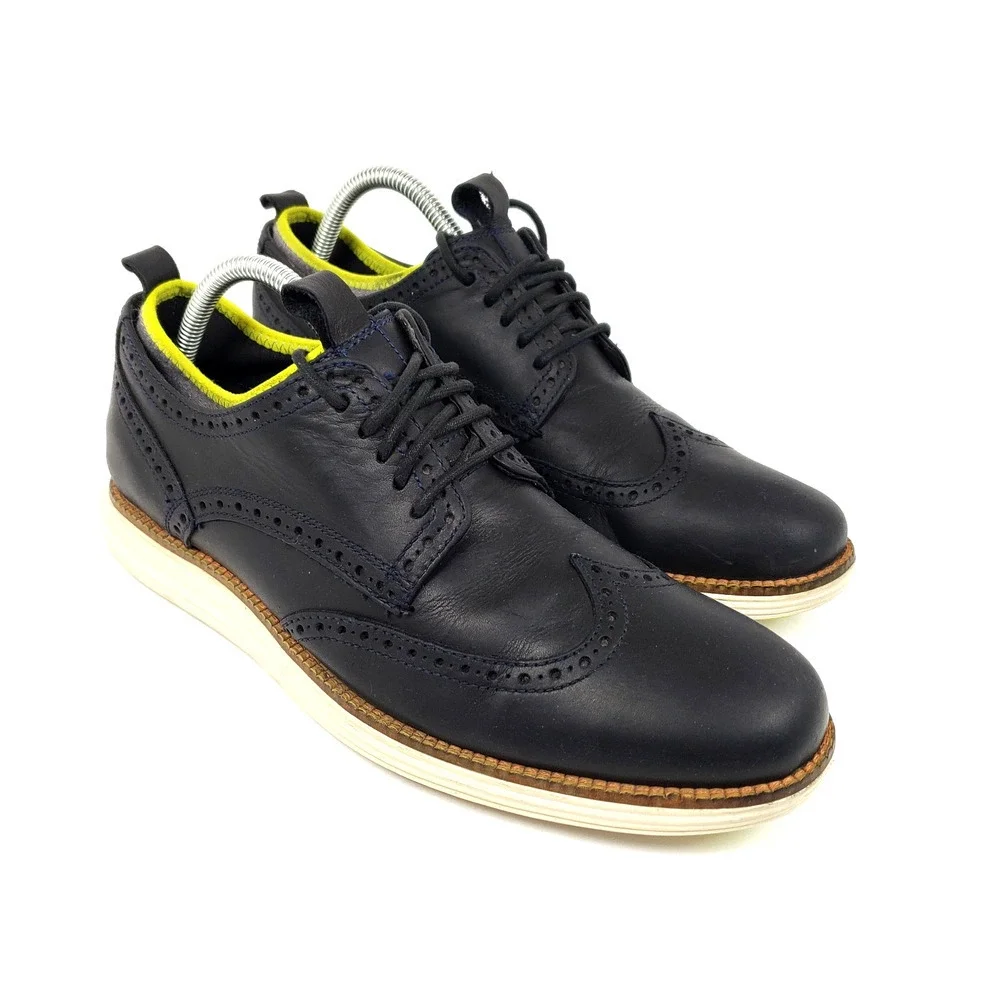 Cole Haan Grand OS Mens Size 8.5 Dk Navy Blue Leather Dress Wingtip Oxford Shoes